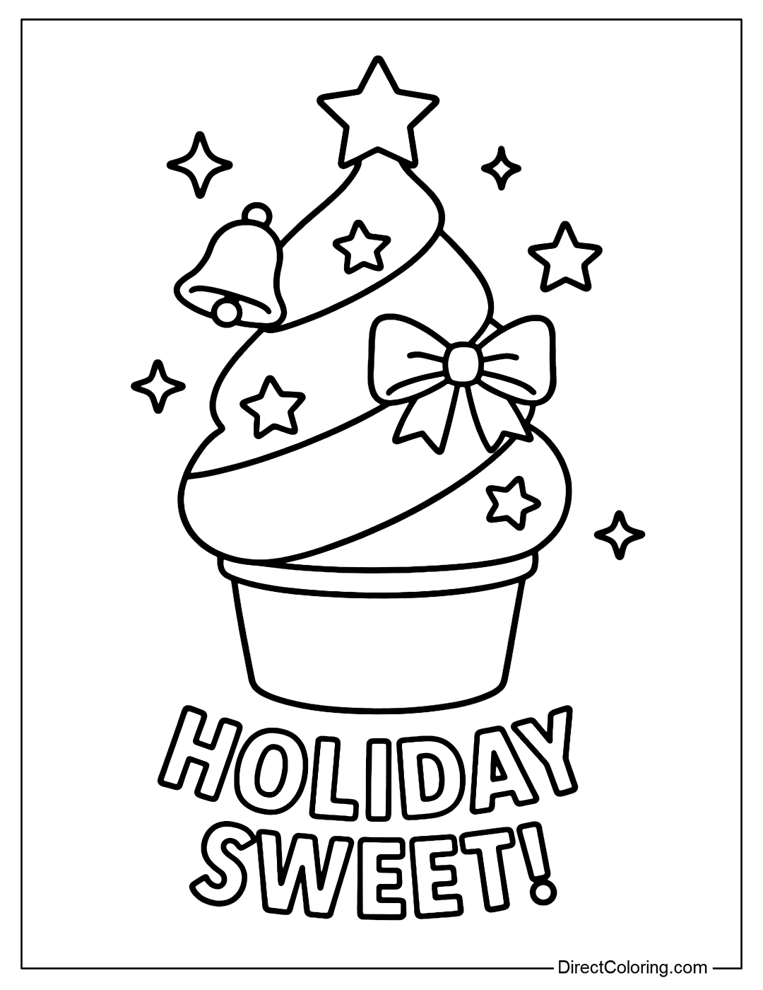 Coloring page of an ice cream cup like a Christmas tree: toppings in the shape of bells, stars, and bows